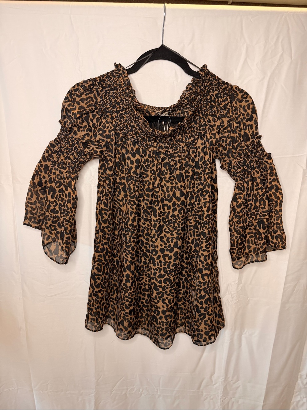 Max Studio Black and Brown Leopard Smocked Neck Blouse